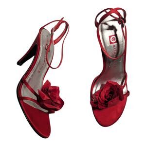 Vtg Y2K Ellemenno Red Satin Rose Floral Accent High Heel Strappy Sandals Sz 8